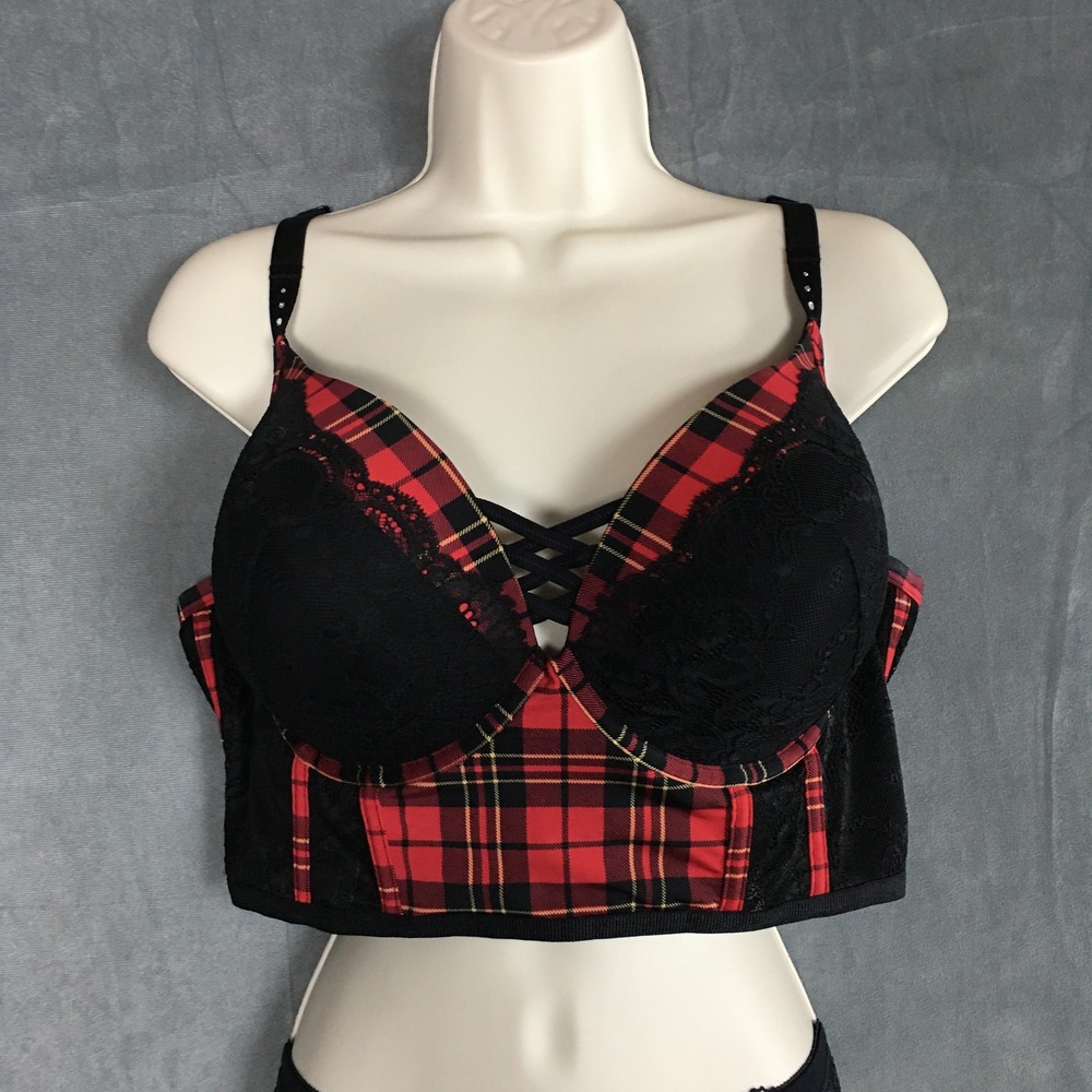 NWOT Torrid Plaid Lace Longline Push Up Bra 40DD Strappy Bralette Corset Style